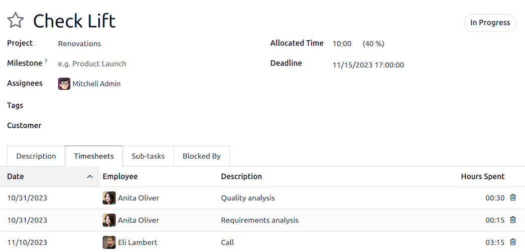 Timesheets integrated with Odoo projects
